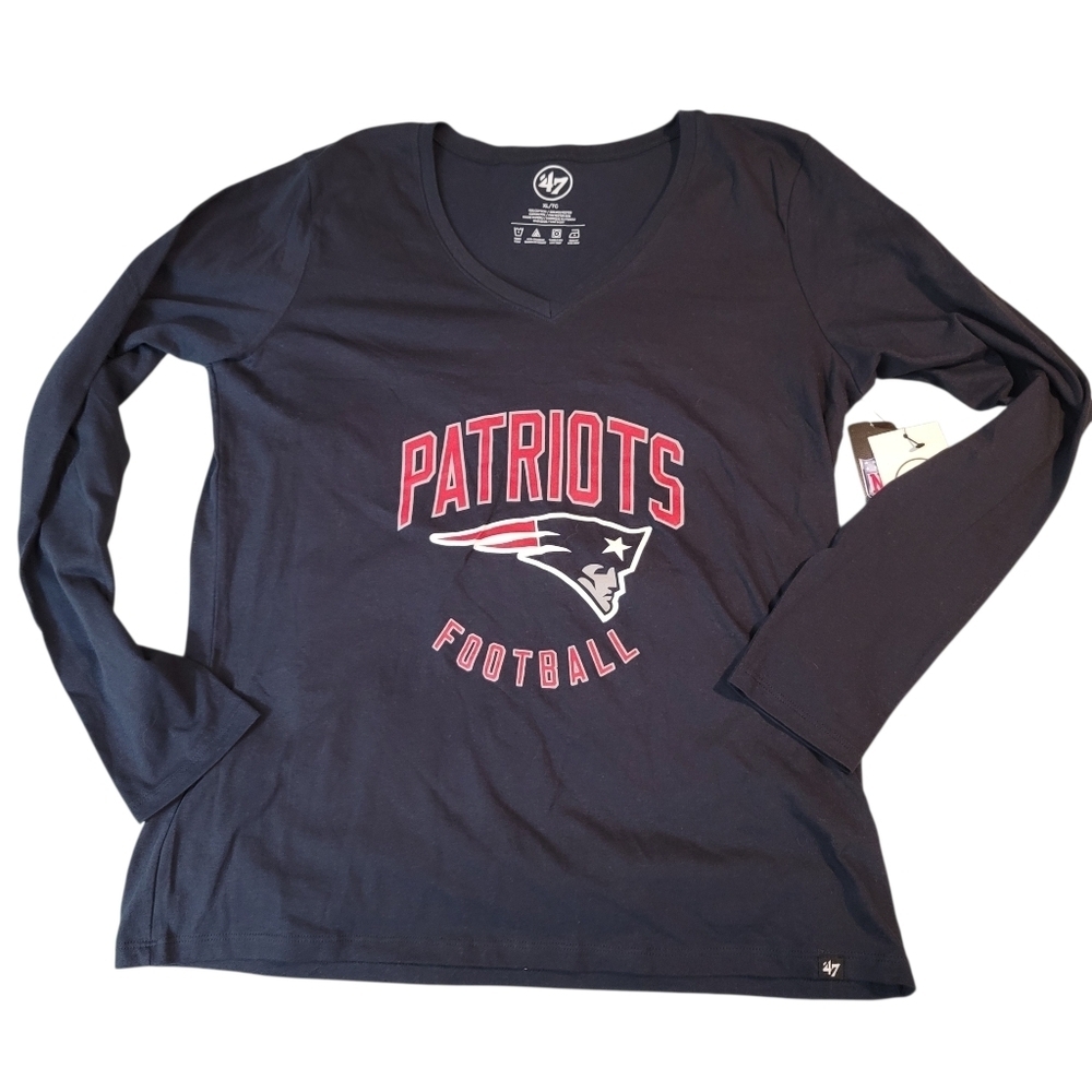 NWT Sz XL WMNS '47 Brand NE Patriots Football Long Sleeve Vneck Tee 100% Cotton